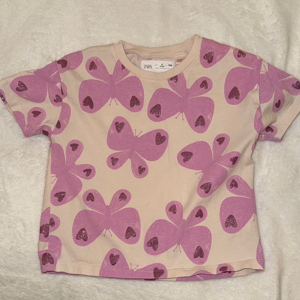 Zara Cream Tee with Pink Butterfly Print